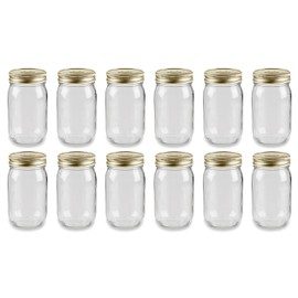 North Mountain Supply 16 Ounce Glass Regular Mouth Mason Canning Jars - With Gold Safety Button Lids - Case of 12