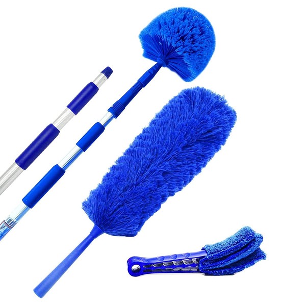 Extension Rod & Blue Extension Cobweb Duster Ultimate Dusting Kit - Extendable Reach 20 feet, Ceiling Fan Duster, Long Handle Aluminum Telescoping Pole, Webster Duster for Cleaning