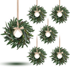 6 Pcs Artificial Green Olive Wreaths Greenery Wreath with Olive Leaves Mini Green Kitchen Cabinet Wreaths Swag Spring Summer Wreath for Front Door Porch Wall Window Farmhouse Wedding Decoration
