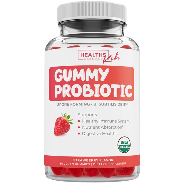 USDA Organic Probiotics for Kids (Non-GMO) Strawberry Flavor Kids Probiotic Gummies for Digestion & Immune Support - 2.5 Billion CFU of DE111 Spore Forming Strain for Maximum Survivability - 30 Gummys