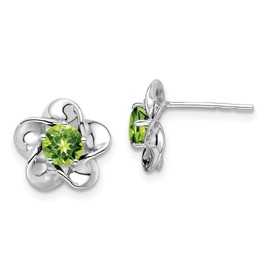 Real 925 Sterling Silver Flower Floral Peridot Green August Gemstone Post Studs Earrings - 15mm x 9mm