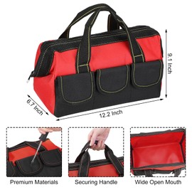 3 Pack Tool Bag for Men with Waterproof Hard Bottom, Heavy Duty Tool Bag Wide Mouth Tool Tote for Various Tools, Electrician Carpenter Mechanic (Red,13 Inch)