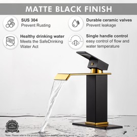 Aection Waterfall Bathroom Faucets, Black & Shiny Gold Bathroom Sink Faucet，Modern Single Hole Single Handle Vanity Faucet for 1 or 3Hole with Metal Pop Up Drain