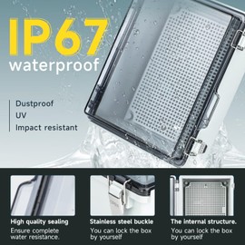 Small Waterproof Electrical Junction Box，IP67 Waterproof Clear ABS Plastic Enclosure Boxes for Outdoor Garden with Hinged Cover, Mounting Plate, Wall Brackets, Cable Glands (8.7"x6.7"x4.3" Clear)
