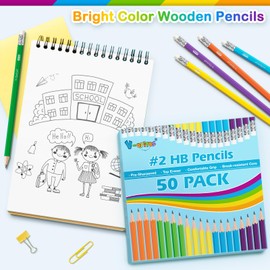 V-Opitos #2 Pre-Sharpened Wood-Cased Pencils, 50 Pack with Top Erasers, Bulk 2HB Pencils in Assorted Colors for School, Writing, Drawing and Sketching