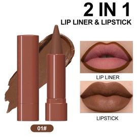 Erinde 2-in-1 Lip Liner and Lipstick Lip Combo Set, Matte Nude Dark Brown Red Lip Liners Creamy Lip Pencil, High Pigmented Long Lasting Waterproof Smudge Proof Lip Liner Lipstick Crayon Makeup, 01#