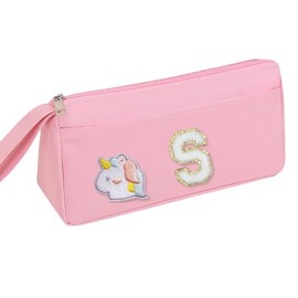 LAMOOER Large Capacity Pencil Case with Lettered Embroidery Stickers, Portable Pencil Pouch Pen Bag with Zipper, Makeup Bag for Girls Women (Pink S)