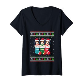 Womens Ugly Xmas Sweater Havanese Dog In Christmas Socks V-Neck T-Shirt