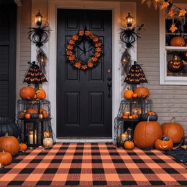 Tinideya 4' x 6' Fall Outdoor Rug Thanksgiving Front Doormat Orange and Black Plaid Plastic Straw Mat Patio Deck Mat Waterproof Outdoor Rug Outside Indoor Garden Lawn Balcony Porch Holiday Decorations