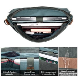 TSD Brand Waxed Waterproof Canvas Briefcase Laptop Messenger Bag Satchel Shoulder Bag Vintage Genuine Leather Briefcase Crossbody Travel Bag for Men And Women(Teal)