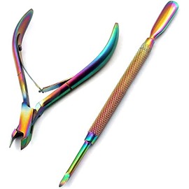 OdontoMed2011 Multi Titanium Rainbow Color Cuticle Pusher Remover with Nipper Rainbow Stainless Steel Manicure Nail Art Tool Set #4 ODM
