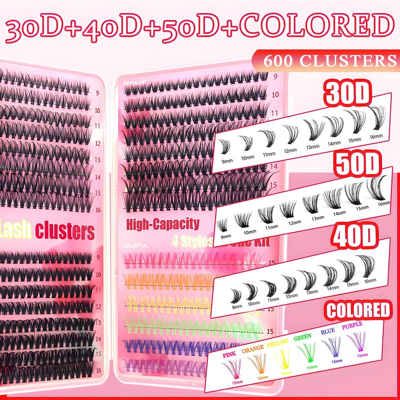 MOTIBACK Coloured Lash Cluster Set, 600 Pieces Colourful & Black