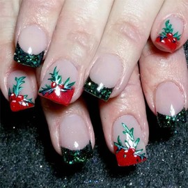 LBPEPAMZ Christmas Press on Nails Short Square Fake Nails with Red Cherry Designs Green Glitter French Tips False Nails Pink Nude Full Cover Glossy Acrylic Stick on Nails for Women Xmas Decor 24Pcs