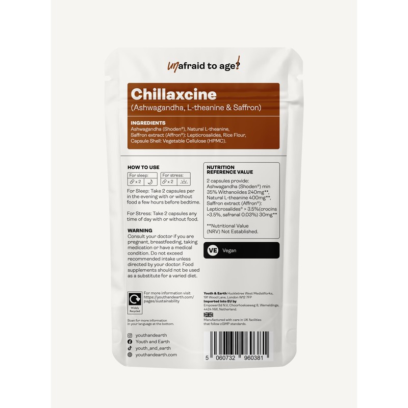 Youth & Earth CHILLAXCINE (Ashwagandha, L-theanine and Saffron) 335mg (60