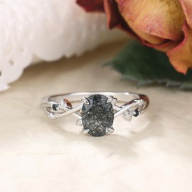 IRROYA Black Rutilated Quartz 925 Silver Rings 1.5 Carats Oval Cut Natural Black Rutilated Quartz Engagement Rings for Women Prong Setting Solitaire Black Wedding Rings for Women Leaf Shaped Platinum Plated Silver Rings(7)