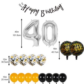 Silver 40th Birthday Decorations Party Supplies-Black Happy 40th Birthday Banner Latex and Confetti Balloons Paper Honeycomb Balls Huge Number 40 Balloons for Girls,Women,Men,Photo Props 40th Birthday