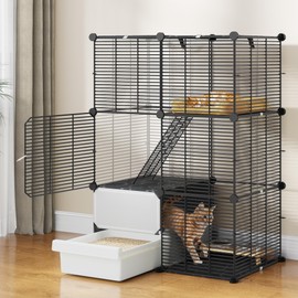 3-Level Cat Cage with Litter Box: DIY Indoor Kitten Enclosure, Spacious Exercise Area for 1-2 Small Cats, Black
