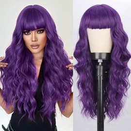 Lativ Purple Wavy Wig With Bangs for Women Curly Wavy Long Wigs Natural Looking Heat Resistant Synthetic Fiber for Party Cosplay Daily Use 26 Inches