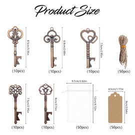 Pack of 50 Key Bottle Openers, Gift Tags, Transparent Bag, Wedding Favours, Antique Rustic Party Decoration (Bronze)