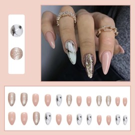 Pack of 24 False Nails, Almond Short, Shiny Marble Nails for Sticking, French Tip Artificial Nails, Press on Nails with Design, Acrylic Artificial Nails, Fingernails, Fake Nails for Women and Girls