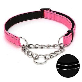 Martingale Dog Collar with Stainless Steel Chain, Adjustable Soft Padded Nylon Reflective Collar, No Pull Heavy Duty Chain Walking Training Colllars for Large, Medium, Small Dogs(Pink, 12.6" - 19.7")