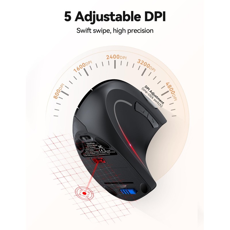 TechRise Ergonomic Mouse, 4800 DPI Wireless Vertical Mouse, 2.4G Optical