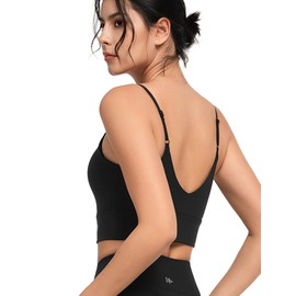 Yvette Adjustable Yoga Sports Bras for Women Light Support Padded Wireless Spaghetti Strap Bra with Removable Pad,Black,XL