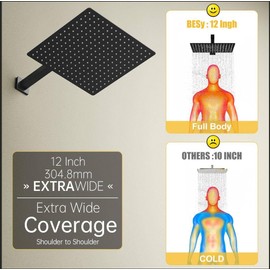 BESy 12 Inch Rain Shower Head, 12" Square Rainfall & High Pressure Stainless Steel Bath Showerhead, 1/16" Ultra Thin, Waterfall Full Body Coverage with Silicone Nozzle, Matte Black Finish