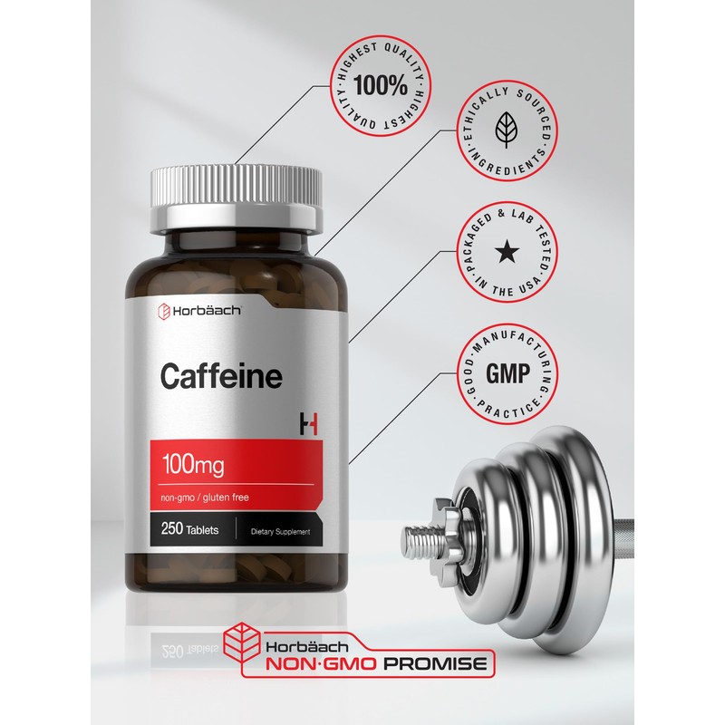 Horbäach Caffeine Pills 100mg | 250 Tablets | Vegetarian Formula
