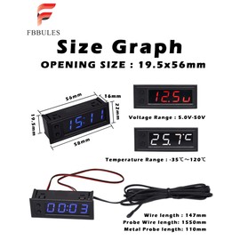 FBBULES 0.39 Inch 3-in-1 Car Clock, DC 5-50 V Thermometer Digital Voltmeter Electronic Clock Measurement Instrument LED Display for SUV, Motorcycle, Boat