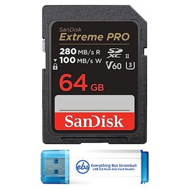 SanDisk 64GB SD Extreme Pro UHS-II Memory Card Works with Canon EOS R5, EOS R6 Mark II, EOS R6 Mirrorless Camera (SDSDXEP-064G-GN4IN) Bundle with 1 Everything But Stromboli 3.0 Micro & SD Card Reader