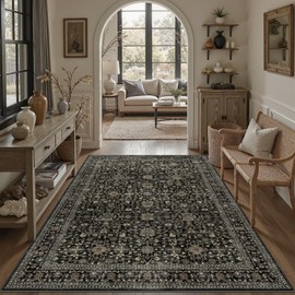 DCX Machine Washable Black Area Rug 9x12, Non Slip Stain Resistant Vintage Area Rug for Living Room Diningroom Bedroom Nursery, Soft Low Pile Large Carpet