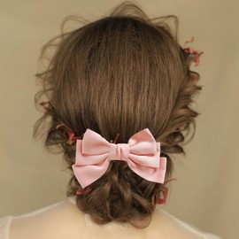 Xeahung 2 Pcs Hair Ribbon Bow Hair Clips Pink Ribbon Bow Clips for Women Bows Ribbon Hairpins Ponytail Barrettes with Bows Metal Clips Barrette Hair Bows for Toddler Girls Teens Adults (Pink)