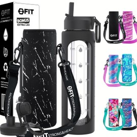 32 oz Glass Water Bottle with Straw Lid, Time Marker, Sleeve, Extra Lid & Water Bottle Holder with Strap - Motivational, Wide Mouth, 1L Glass Drinking Bottle (Black Sleeve, White Marble Carrier)