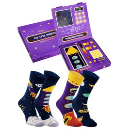 Rainbow Socks Space Socks Box - 2 Pairs Cotton Socks for Women and Men to Gift - Astronomy, Stars, Planets, Spaceships, Rockets and Space, Space Socks Box 47-50