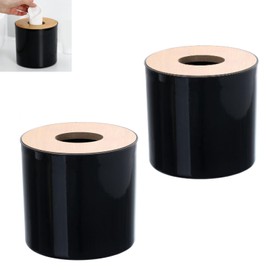 2PCS Roll Tissue Box Holder with Lid, Decorative Round Paper Holder Modern Round Facial Tissue Dispenser Box Cover Holder Case for Bathroom Living Room (Black)
