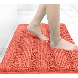 Grandaily Chenille Striped Bathroom Rugs 24x16, Extra Thick and Absorbent Bath Rugs, Non-Slip Soft Plush Shaggy Bath Carpet, Machine Wash Dry, Bath Mats for Bathroom, Coral