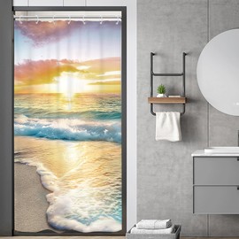Riyidecor Stall Small Half Shower Curtain Beach Summer 36x72 Inch RV Mini Single Narrow Ocean Coastal Hawaiian Sunrise Sea Wave Seaside Scene Island Blue Cool Set Waterproof 7 Pack Hooks