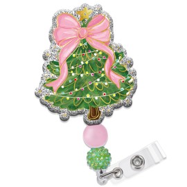 Obookey Christmas Tree Badge Reel with Retractable Clip, Cute Pink Bow Holiday Nurse ID Card Badge Holder, Glitter Name Tag Badge Reels for Women Nursing Accessories Student Teacher Gifts