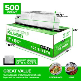500 Count Pre-Cut Deli Aluminum Foil Sheets, 12” Heavy Duty Pop Up Sheets for Restaurant, Disposable Foil Sheets for Food, Tin Sheets for Burrito, Hot Dog or Sandwich, Stock Your Home