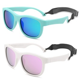 LIU·WEN Cute Polarized Baby Sunglasses with Strap - Flexible Frame for Toddler Newborn Infant 0-24 Months(White/Purple Mirrored+Green/Green Mirrored)