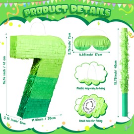 WinnerWhy Number Piñata Decorations 16 Inch Gradient Green Number Piñata with Blindfold Stick and Confetti for Birthday Baby Shower Safari Jungle Themed Party Supplies Centerpiece(Number 7)