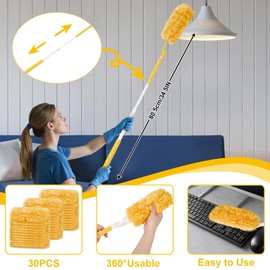 30 PCS Dust Magnet Disposable Dust 360° Yellow Dusting Kit Long Handle Short Handle for Household Cleaning Doors Windows Wardrobes Pendant Lights Ceiling Fan