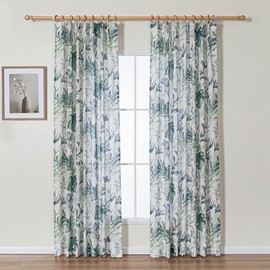 MYSKY HOME Linen Curtains 90 Inch Length Light Filtering Two Pages Pinch Pleated Curtains for Living Room Floral Printed Privacy Protect Drapes Set Natural Window Treatment 2 Panels,Sage and Natural