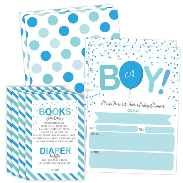 Boy Baby Shower Invitations with Book Request and Diaper Raffle Card, Blue Baby Sprinkle, 20 Fill in Invites