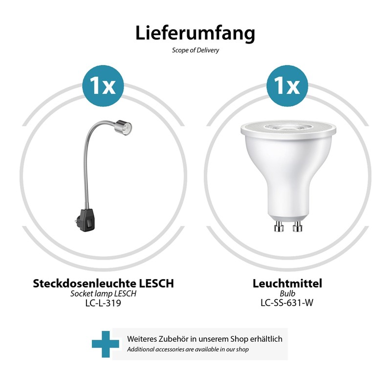 ledscom.de LESCH Socket Lamp Gooseneck Switch Chrome / Black +