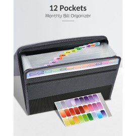 Sooez Accordion File Organizer with Safe Zipper, 12 Pocket Expanding File Folder with Front Pencil Pouch, Portable Monthly Paper Bill Tax Receipt Organizer, School Office Supplies, Letter Size, Grey