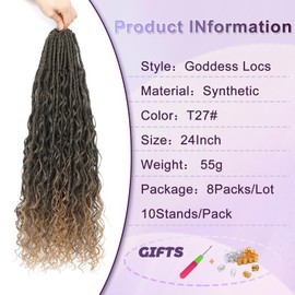 FANWYFYU 8 Packs Boho Faux Locs Crochet Hair 24 inch Goddess Locs Boho Soft Locs Crochet Hair with Curly Ends Pre-looped Long Bohemian River Locs Crochet Hair For Women (T27#)