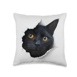 Mischievous Cat Peeking Through Hole Pet Lover Black Cat Throw Pillow