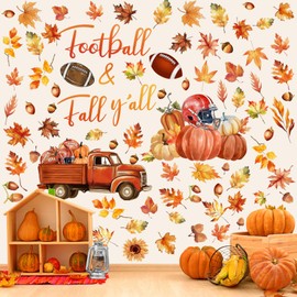 Haull 6 Sheets 82 Pieces Fall Wall Decals Maple Leaves Pumpkin Football Autumn Wall Stickers Peel and Stick Thanksgiving Decals for Windows Home Nursery Bedroom Living Room Office Party Decoration